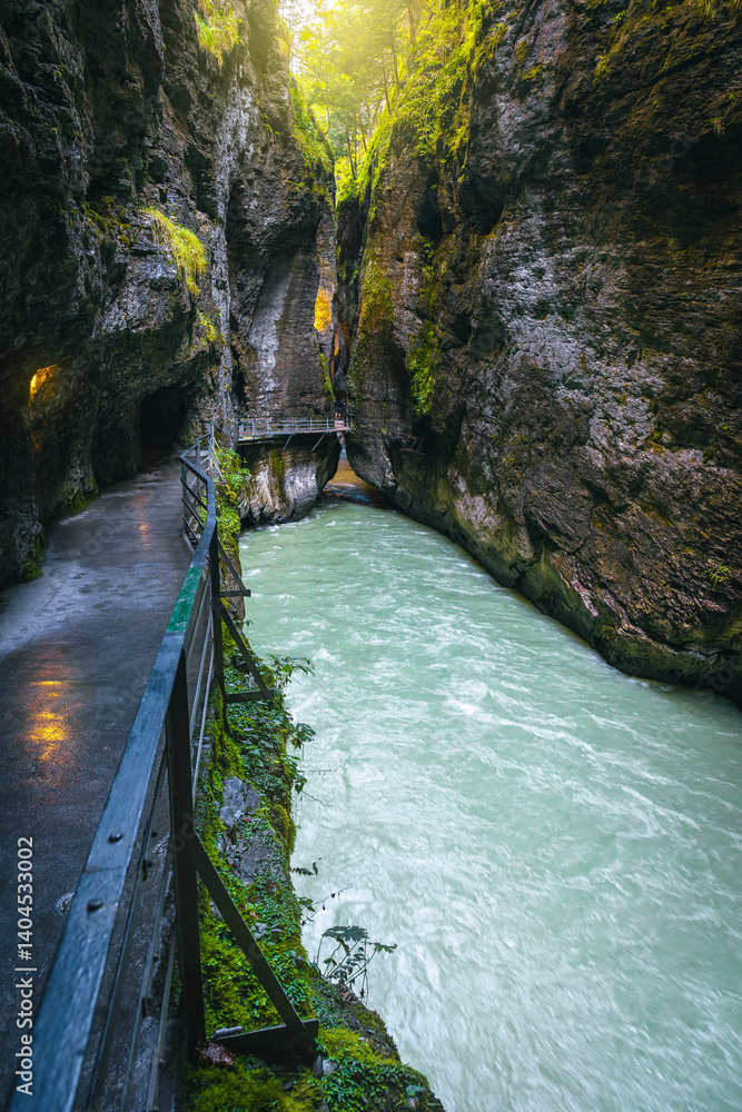Famous hiking pathway with Aare river in the Aare gorge