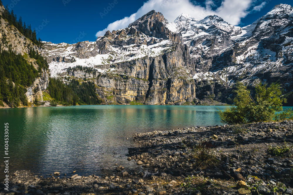 Beautiful view from shore of the lake Oeschinensee, Kandersteg, Switzerland