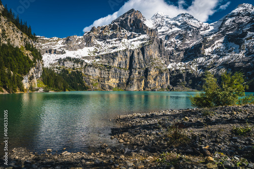 Obraz na płótnie Beautiful view from shore of the lake Oeschinensee, Kandersteg, Switzerland w salonie