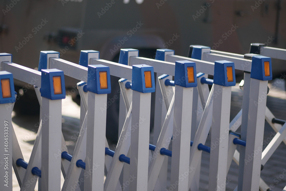Fototapeta premium Metal barriers used for crowd control during outdoor events