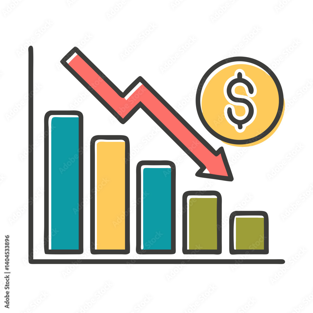 A colorful flat icon with a downward trending bar graph to illustrate financial downturns, economic losses, and declining revenues. A colorful flat icon with a downward trending bar graph to illustrate financial downturns, economic losses, and declining revenues.