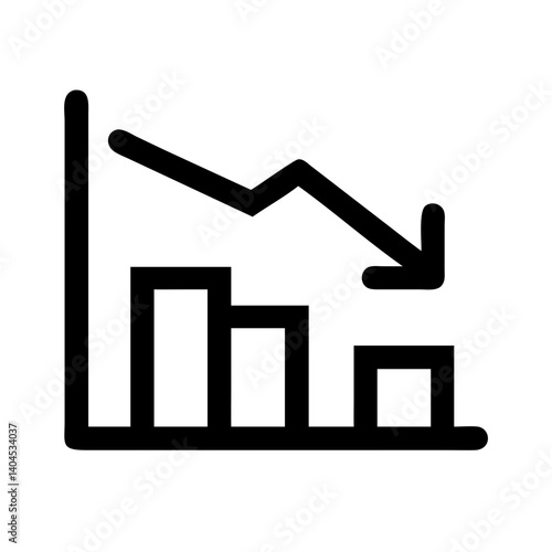black bar graph showing decreasing trend with downward arrow, isolated on white background for illustrating decline,loss,negative growth,and falling statistics in business or economic contexts