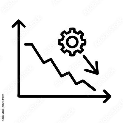 Black line graph with downward trend and gear icon on white background to illustrate recession,failure,economic downturn and process problems in business and technology