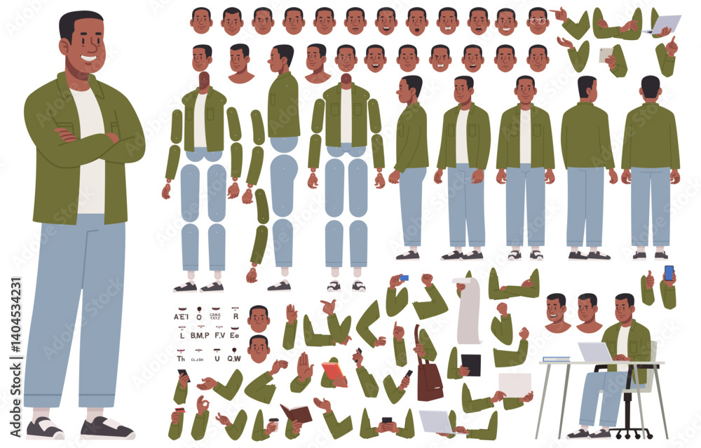 Naklejka premium Happy guy character constructor. Cheerful African American man in casual clothes. Set of body arms legs positions for creating animations