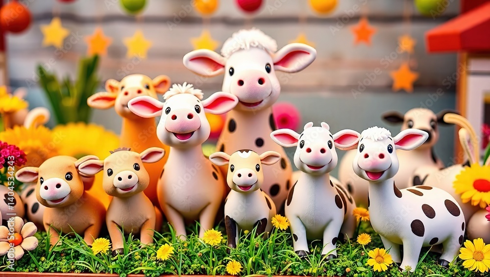 Naklejka premium Colorful Farm Animals Display - Happy Animals and Copy Space