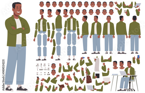 Happy guy character constructor. Cheerful African American man in casual clothes. Set of body arms legs positions for creating animations