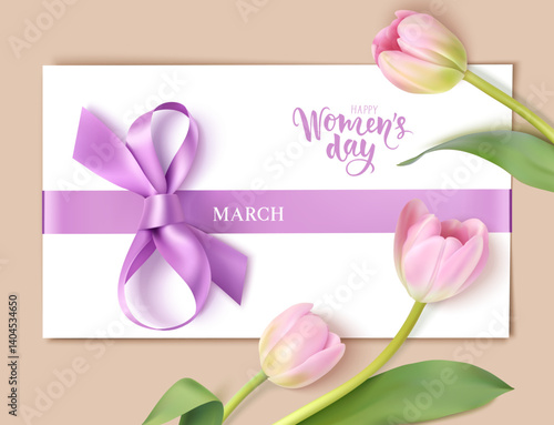 Happy Women's Day. 8 March design template. Calligraphic lettering text with decorative gift envelope with a figure eight lilac bow, ribbon and tulip flower on brown. Vector stock illustration.