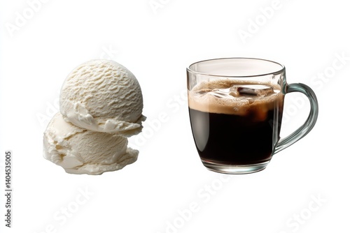 A close-up shot of a delightful summer treat, showcasing two creamy scoops of vanilla ice cream beside a refreshing iced coffee, promising a perfect balance of flavors
