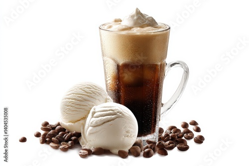 A tall glass of iced coffee, topped with creamy whipped cream and complemented by a scoop of vanilla ice cream and coffee bean