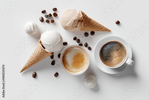 Indulge in a delightful pairing of creamy coffee ice cream nestled in crispy waffle cones, complemented by a rich cup of coffee and scattered coffee beans.