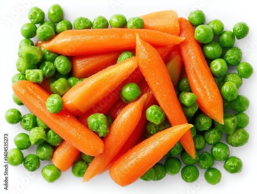 A vibrant arrangement of cooked carrots and green peas, presented in a visually appealing composition, ready to enjoy. 