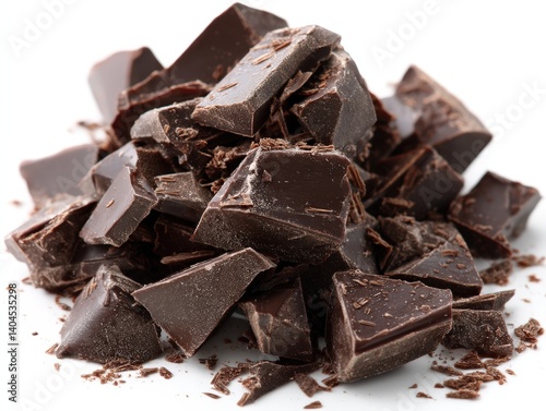 Close-up of dark chocolate chunks, with a rich, decadent texture. They are perfect for baking, snacking, or adding a luxurious touch to desserts.