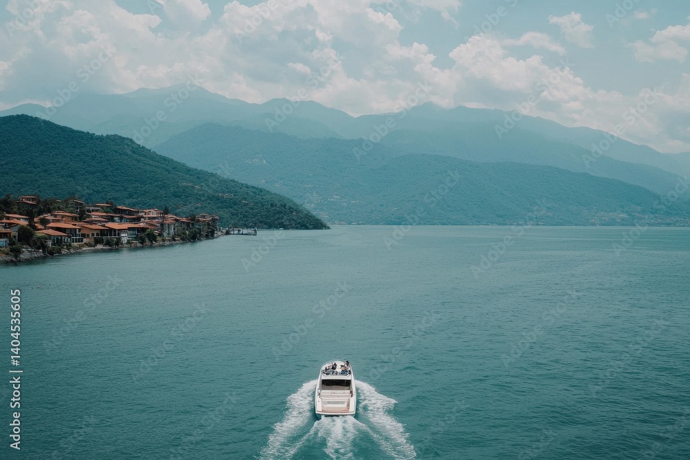 Obraz premium Scenic View of a Boat Sailing on Calm Water with Mountains in Background
