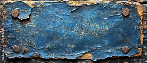 Weathered blue paint on wooden board, secured with rusty nails at the corners