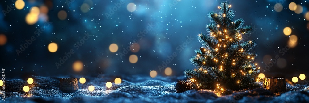 Obraz premium Christmas tree in snowy landscape, glowing lights