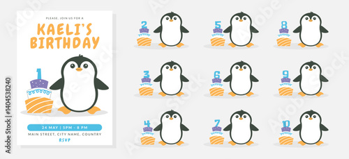 Greeting and invitation card for kids Birthday party. Cute baby penguin, cake with numbers in flat childrens style. Vector illustration, design for card, poster, event
