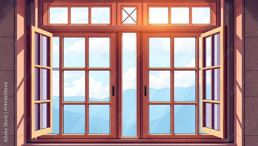 Obraz premium Stunning Window View Illustration with Sunlight and Cityscape