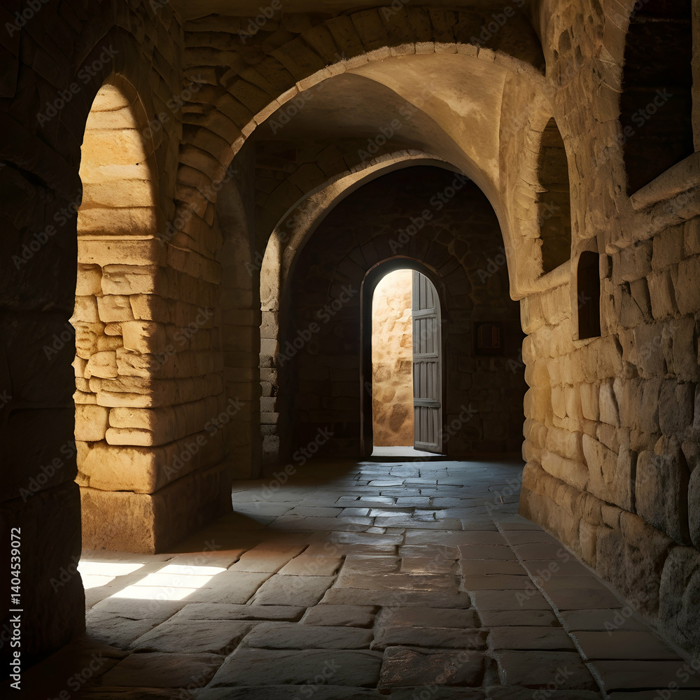 Obraz premium dimly lit, atmospheric interior featuring ancient stone walls 