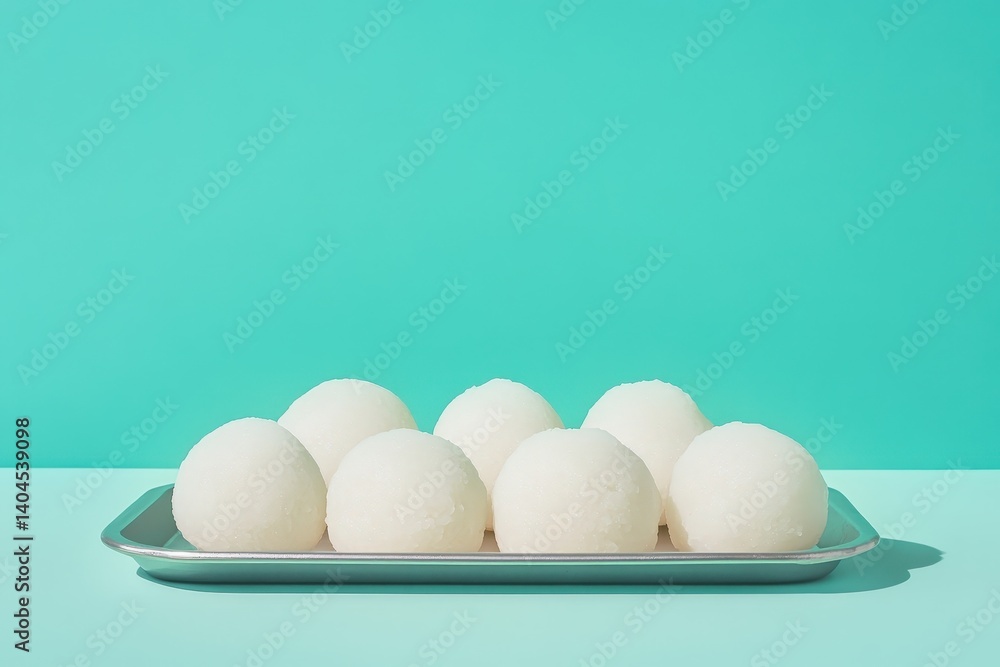 Eight round, white, steamed buns on a metal tray. Eight round, white, steamed buns on a metal tray.