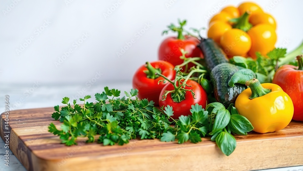Rustic Wooden Cutting Board with Fresh Herbs and Vegetables - Kitchen Prep Rustic Wooden Cutting Board with Fresh Herbs and Vegetables - Kitchen Prep