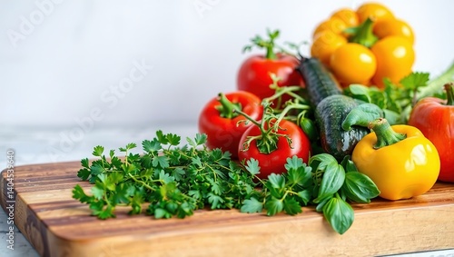 Rustic Wooden Cutting Board with Fresh Herbs and Vegetables - Kitchen Prep