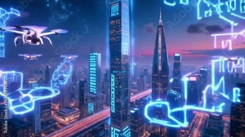 high-tech innovations at night, representing the future of cities.