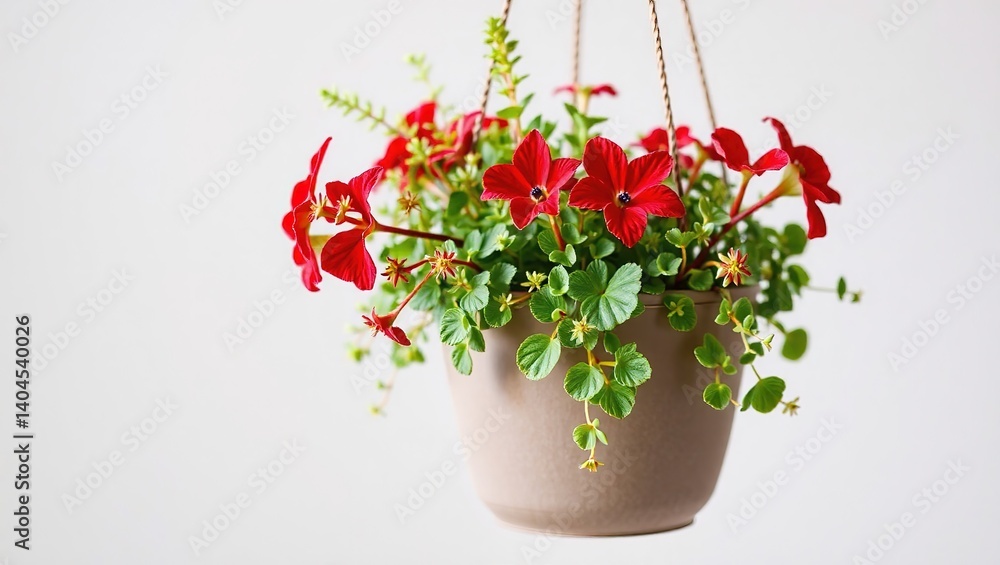 Rustic Hanger Pot Displaying Red Verbascum and Green Knautia Rustic Hanger Pot Displaying Red Verbascum and Green Knautia