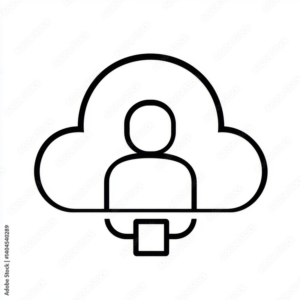 Obraz premium Black flat vector icon of cloud connection with user, remote access service isolated on white background