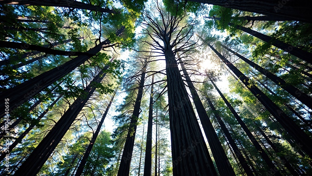 Redwood Forest Canopy - Sunlight Dappled Through Ancient Trees