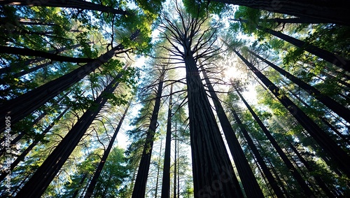 Obraz na płótnie Redwood Forest Canopy - Sunlight Dappled Through Ancient Trees w salonie