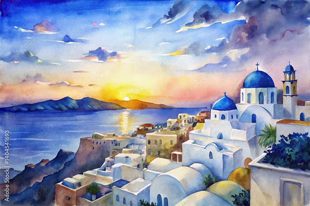 Serene Sunset Over Santorini: Captivating Watercolor Painting of Greek Island Architecture and Scenic Seascape with Vibrant Colors