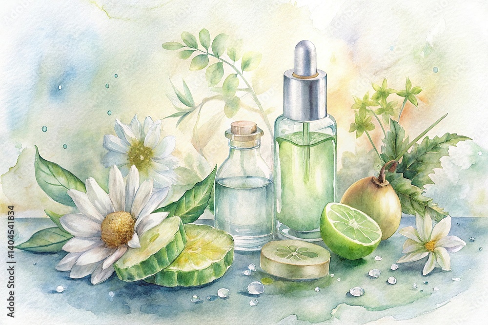 Fresh Botanicals and Natural Ingredients for Skincare in a Soft Watercolor Style Featuring Essential Oils, Fruits, Flowers, and Herbal Elements