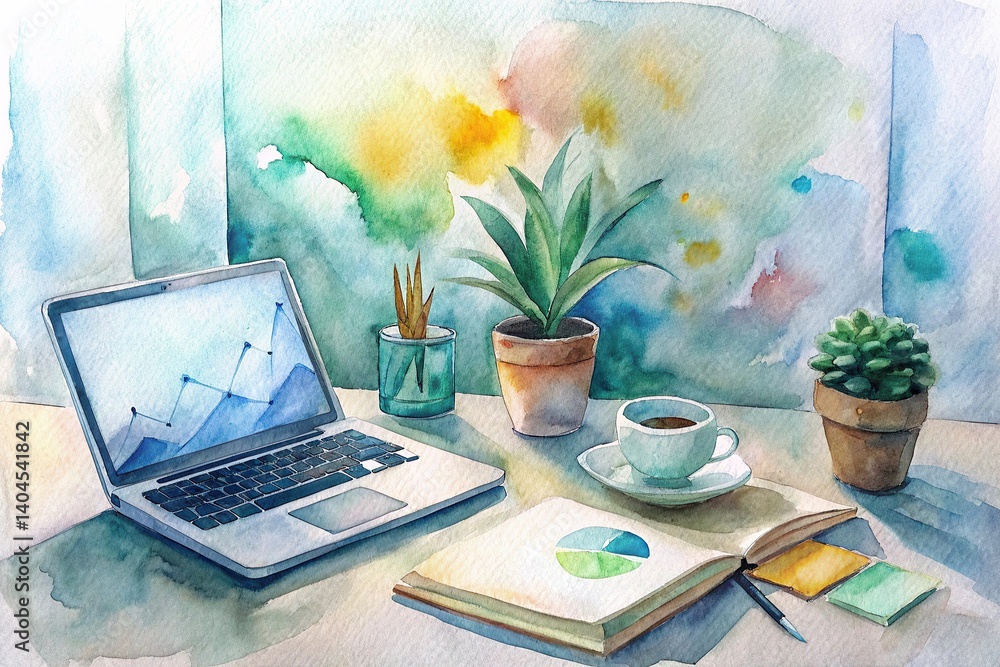 Serene Workspace with Laptop, Coffee, Plants, and Notebook Surrounded by Colorful Abstract Watercolors for Creative Inspiration