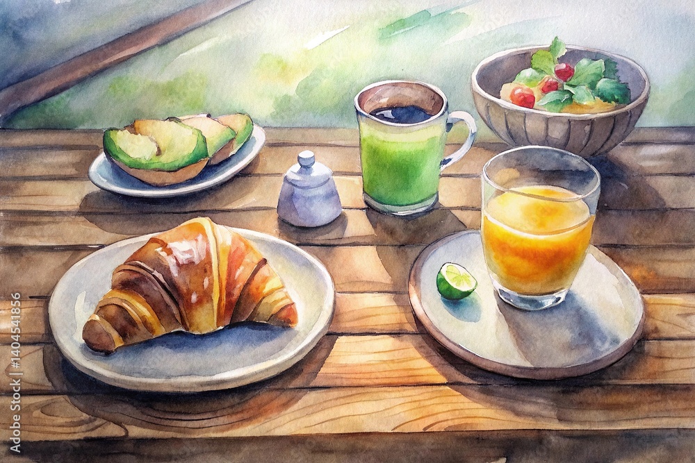 Breakfast Table Setting with Croissant, Fresh Fruit, Green Tea, and Orange Juice on Wooden Surface in Soft Watercolor Style