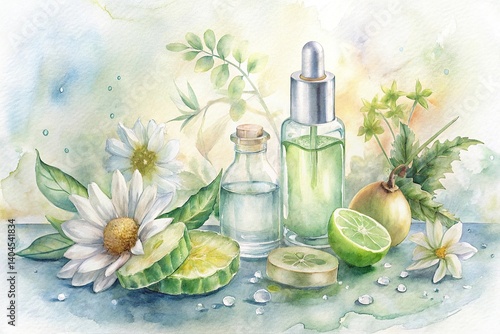 Obraz na płótnie Fresh Botanicals and Natural Ingredients for Skincare in a Soft Watercolor Style Featuring Essential Oils, Fruits, Flowers, and Herbal Elements w salonie