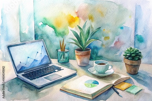 Obraz na płótnie Serene Workspace with Laptop, Coffee, Plants, and Notebook Surrounded by Colorful Abstract Watercolors for Creative Inspiration w salonie