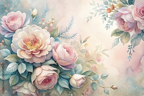 Obraz na płótnie Delicate pastel roses in a soft watercolor style, featuring blooming flowers with leaves and gentle botanical accents in a serene composition w salonie