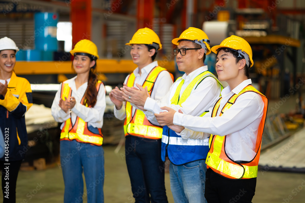 Clapping. Unity and teamwork concept. Professional diverse team standing hands together. Professional Mechanical Engineer team Working at metal sheet profiling factory. Industrial production Clapping. Unity and teamwork concept. Professional diverse team standing hands together. Professional Mechanical Engineer team Working at metal sheet profiling factory. Industrial production