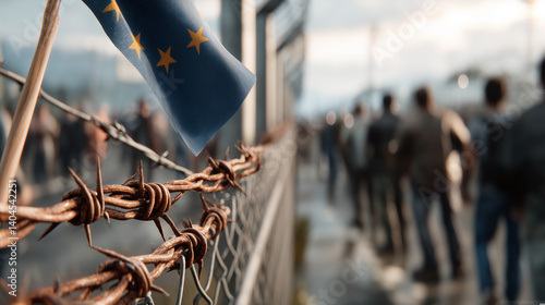 A barbed wire knot in sharp focus contrasts a blurred line of migrants and the EU flag in the background, symbolizing border tension.
