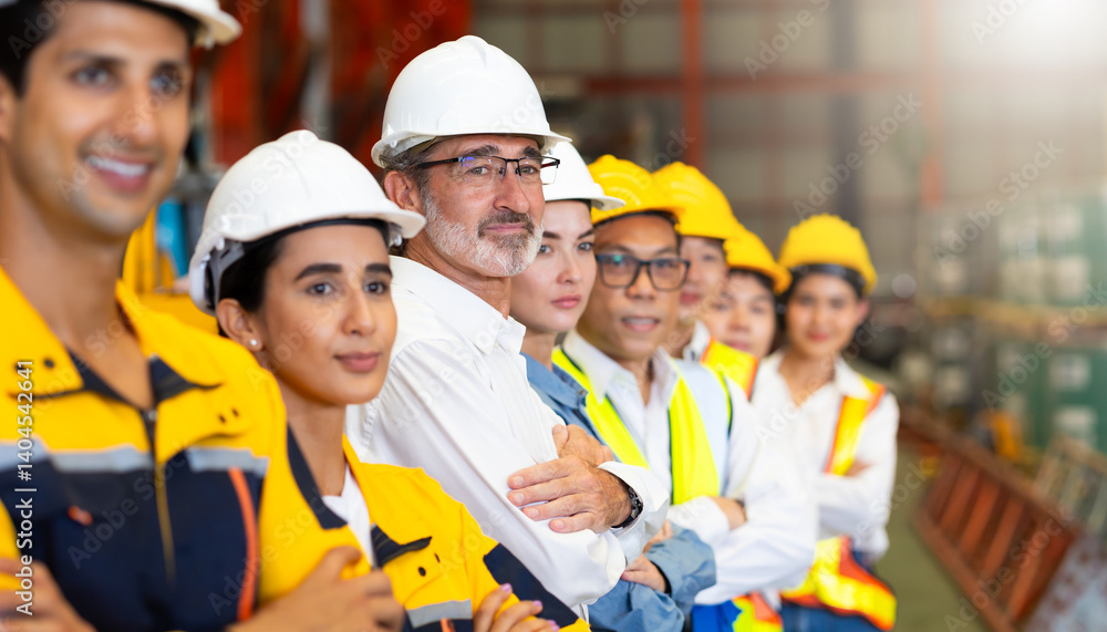 Obraz premium Unity and teamwork concept. team standing hands together. Professional Mechanical Engineer team Working at metal sheet profiling factory. Industrial production