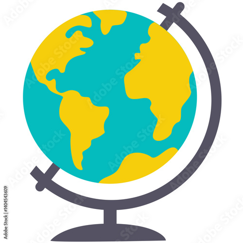 Colorful flat vector illustration of a globe showing continents. Perfect for educational use, geography lessons, school materials, and travel or global concept-related design projects.