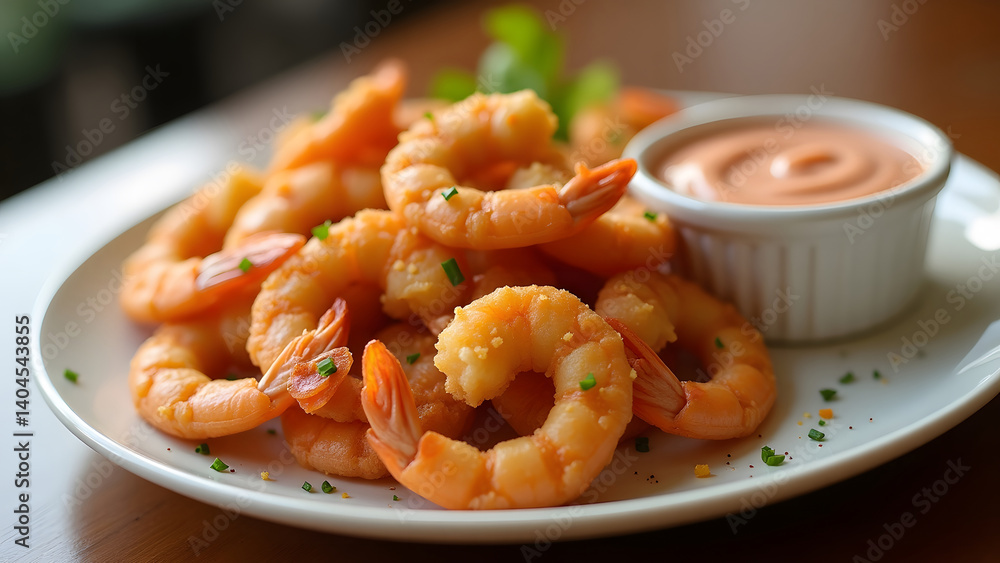 A close-up image of crispy, golden-brown shrimp fry arranged neatly on a white ceramic plate A close-up image of crispy, golden-brown shrimp fry arranged neatly on a white ceramic plate