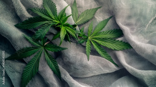 Fresh Green Cannabis Leaves on Soft Gray Fabric Background
