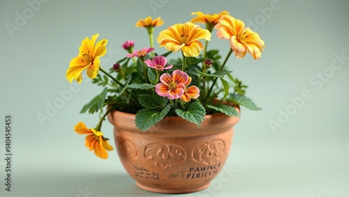 Wallpaper Mural Etched Clay Pot with Yellow and Pink Nasturtiums and Romneya, Product Photography Torontodigital.ca