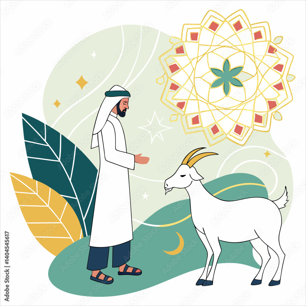 Fototapeta premium eid al adha mubarak arabic man with goat abstract