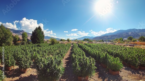 Vibrant Cannabis Farm Under Bright Sunlight in Lush Landscape