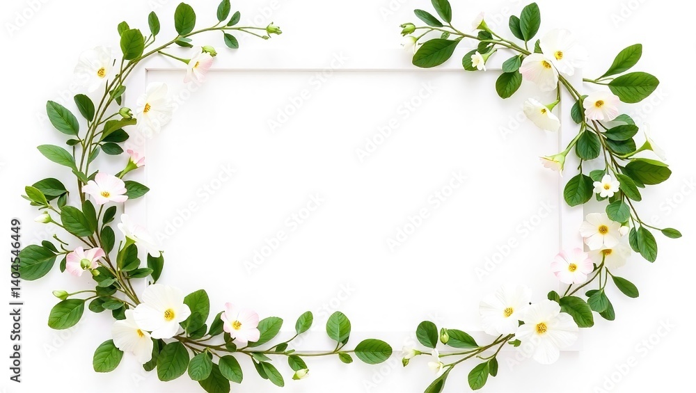 Elegant Green and White Frame with Floral Wreath of Portulaca and Primrose. Elegant Green and White Frame with Floral Wreath of Portulaca and Primrose.