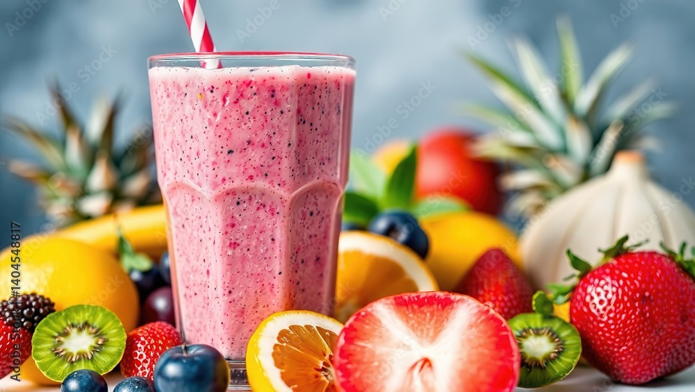 Colorful fruit smoothie bursting with freshness and variety.