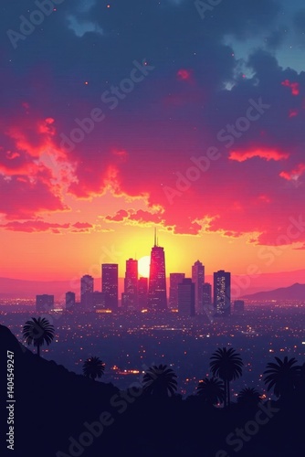 Los Angeles sunset skyline, vibrant hues paint the city , shadow, light