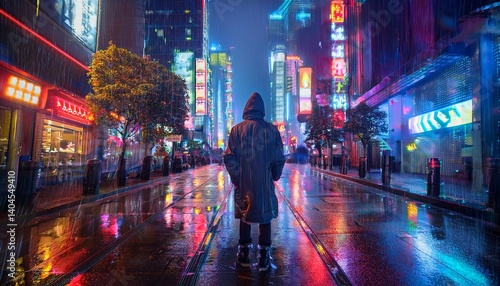 Wallpaper Mural Solitary figure standing on a wet city street in the rain at night Torontodigital.ca